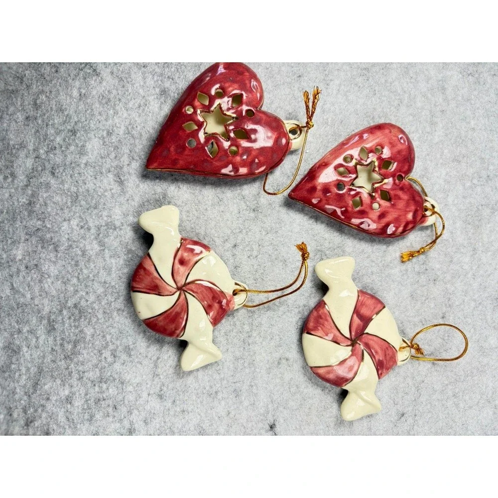 Vintage Ceramic Christmas Ornaments Set 4 Peppermint Candy Hearts Hand Painted